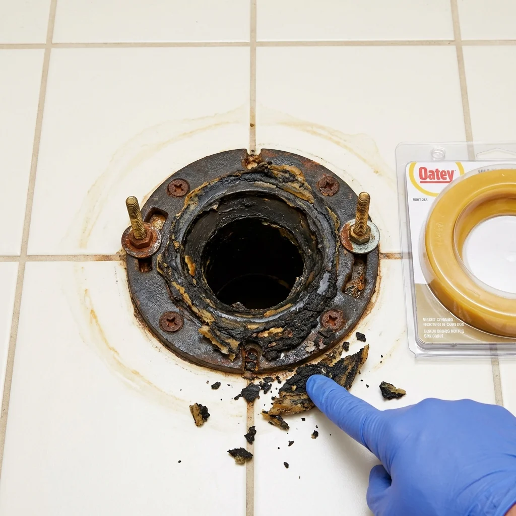 Failed wax ring showing water seepage at the base of a toilet in a Keytesville, MO home