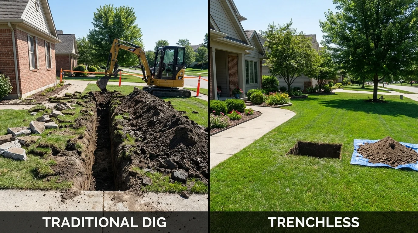 Trenchless sewer repair with minimal yard damage versus traditional excavation in Keytesville, MO