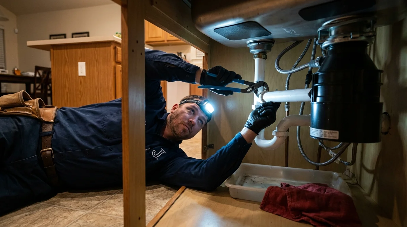 P-trap and supply line connections under a kitchen sink showing a common leak point in Keytesville, MO